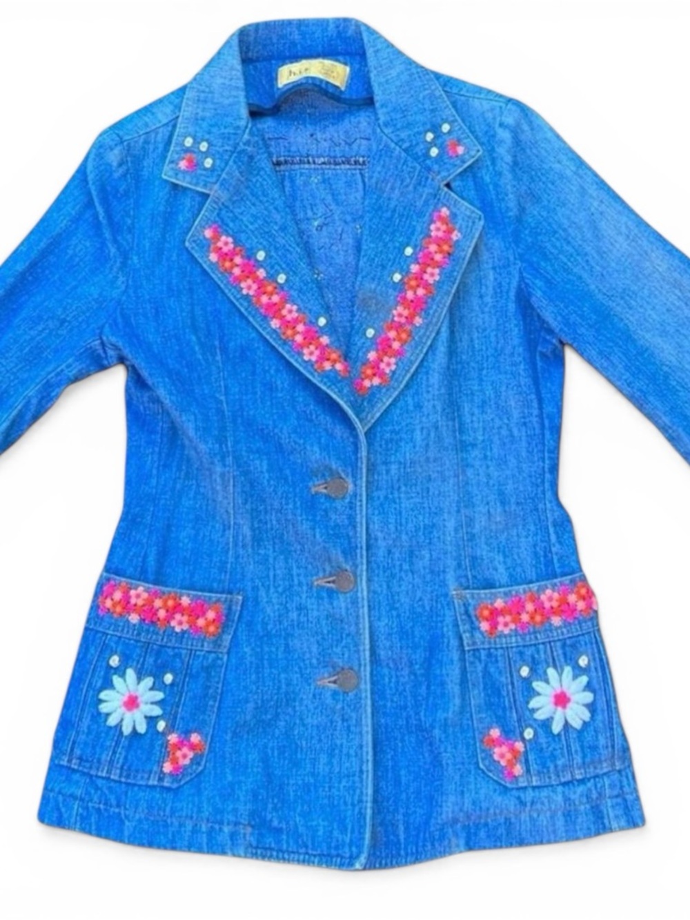 Vintage 1970s Women's Blue Denim Embroidered Blazer Jacket
